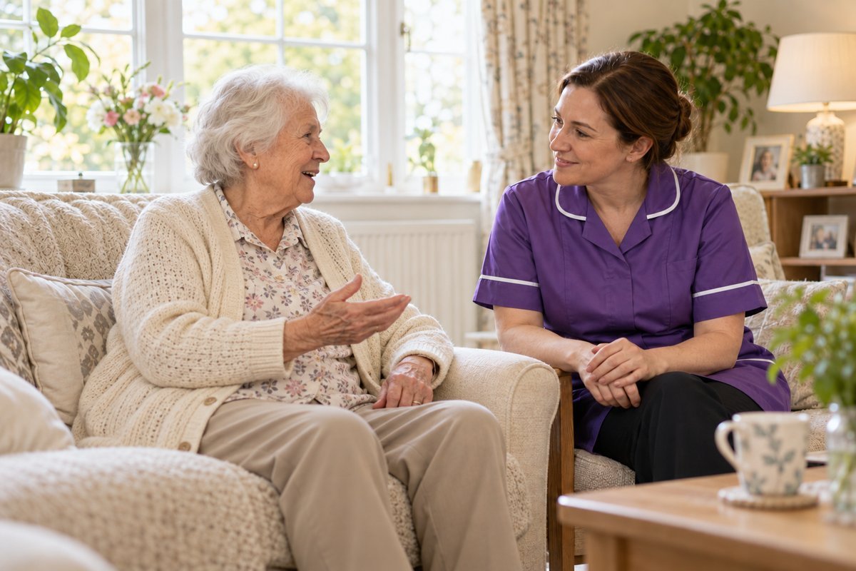 Illustrative image of a carer in a purple uniform listening to an older woman at home