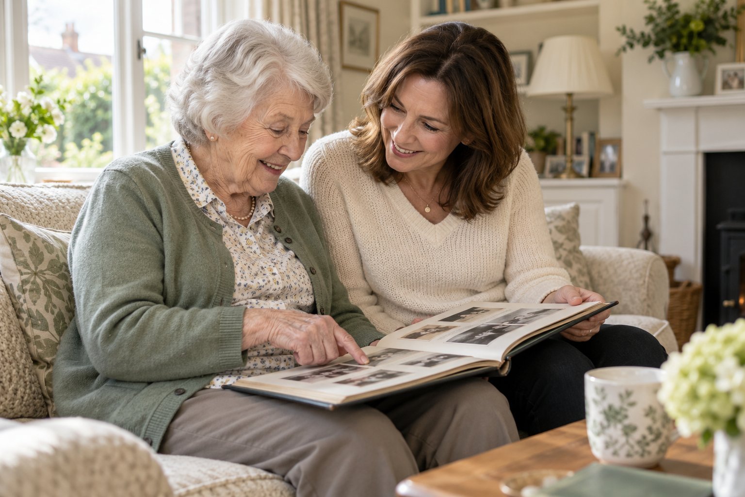 Illustrative image of an older woman and her daughter sharing a photo album