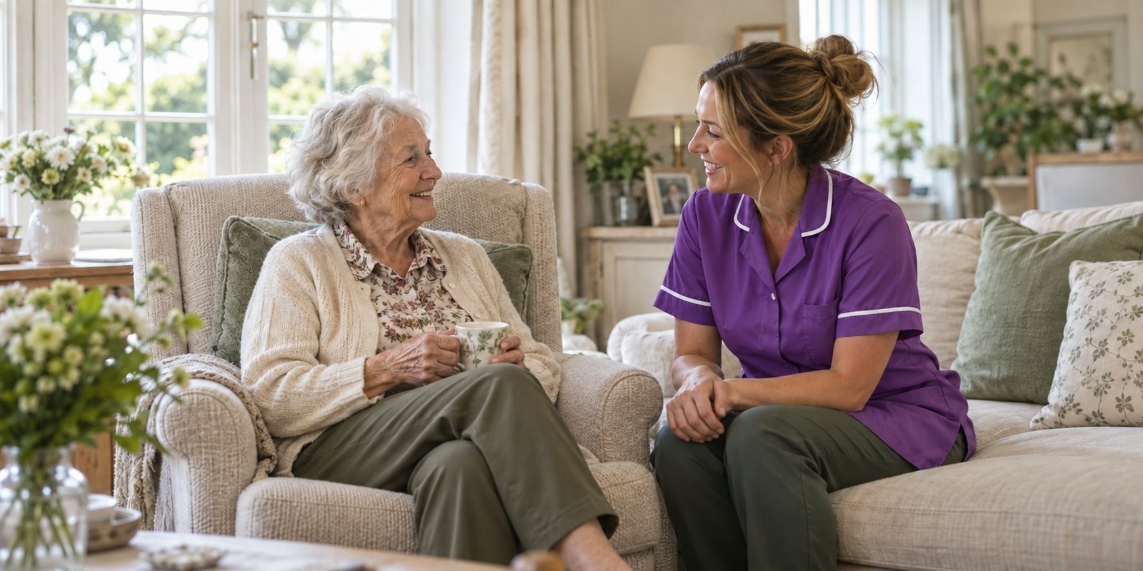 Illustrative image of a carer chatting with an older woman at home