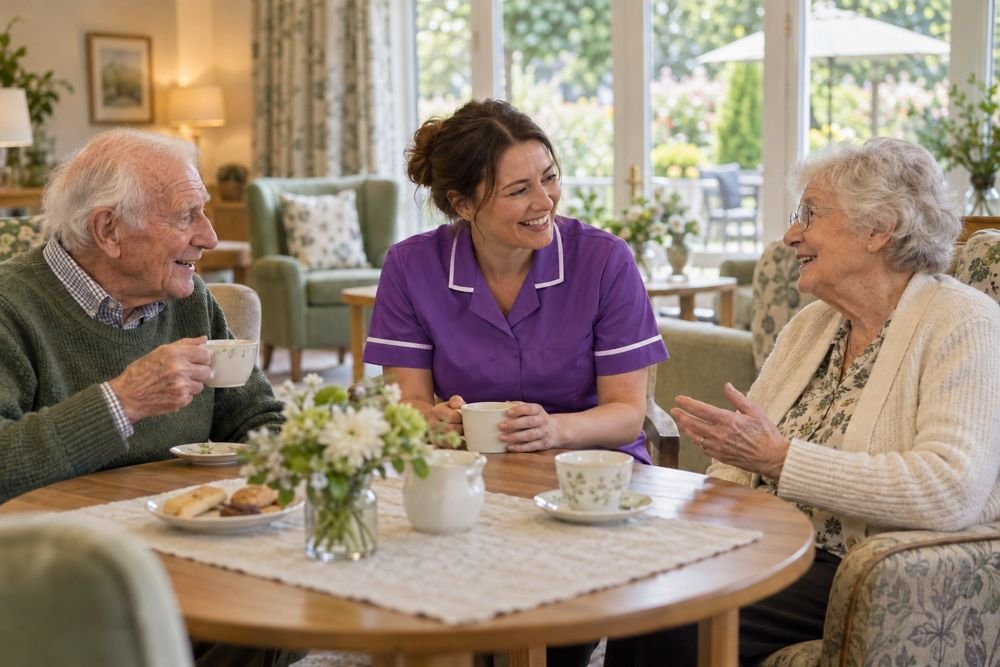 Illustrative image of residents enjoying conversation in a care home lounge