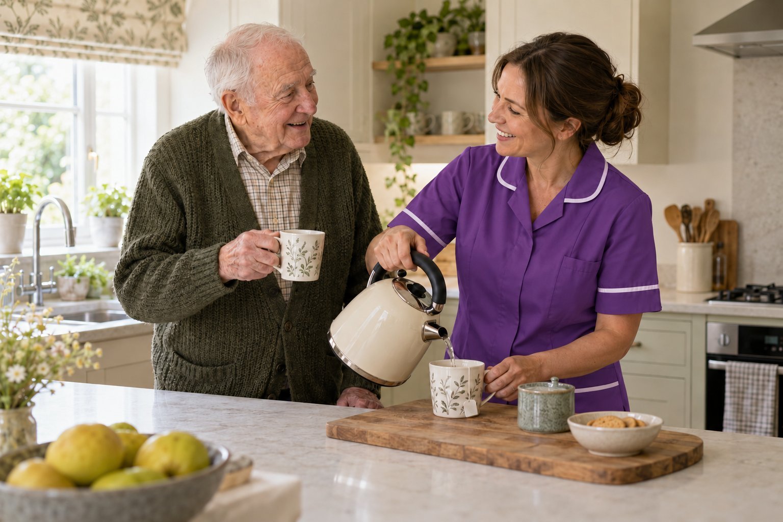 Illustrative image of home care support while preparing tea